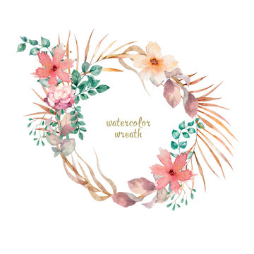 Watercolor illustration of a beautiful floral wreath with spring flowers. Hand drawn elegant light pink flowers on white background