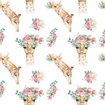 Giraffe pattern Hand drawn watercolor cartoon giraffe tropical animal isolated illustration. Jungle exotic summer design