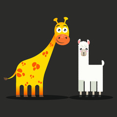 Cartoon Girafee and Lama, vector illustration, isolated on background
