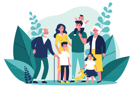 Happy big family standing together flat vector illustration. Grandma, grandpa, mom, dad, children, and pet. Smiling cartoon characters gathering in group.
