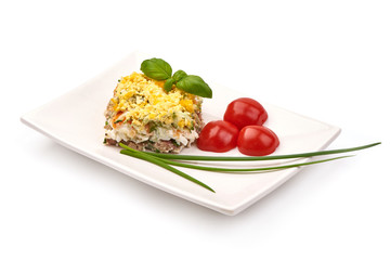 Mimosa, Layered Fish Salad, Traditional russian cuisine, isolated on white background