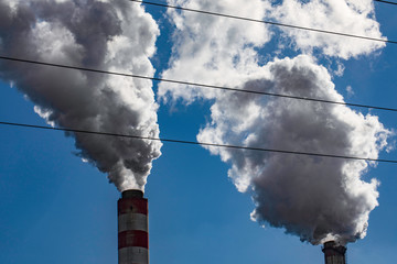 Power station chimney smoke, lignite power plant Konin, Poland.