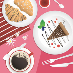 Vector illustration of a served table. A plate with a chocolate cake, a plate with two croissants, a cup of black coffee. View from above.