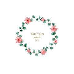 Watercolor illustration of a beautiful floral wreath with spring flowers. Hand drawn elegant light pink flowers on white background