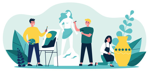 People from artists community creating artworks flat vector illustration. Cartoon characters painting, drawing and sculpting at workshop. Studio residence, graphic design and art concept