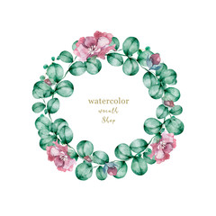 Watercolor illustration of a beautiful floral wreath with spring flowers. Hand drawn elegant light pink flowers on white background