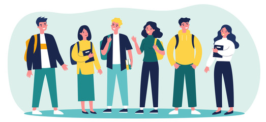 Cheerful college students with books and backpacks standing together. Teen girls and guys meeting and talking. Vector illustration for communication, studying, school friends, youth, teenagers concept