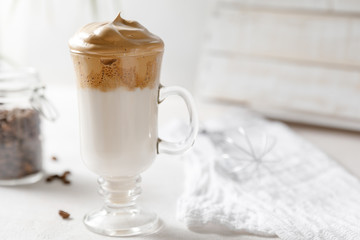 Korean coffee drink dalgona on white background