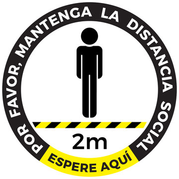 Coronavirus COVID-19 Virus Social Distancing Concept. Wait Here Spanish Language And Stay Two Meters Apart. Flat Icon Vector Illustration