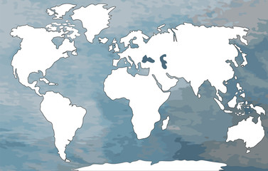 Blank White World map isolated on blue background.