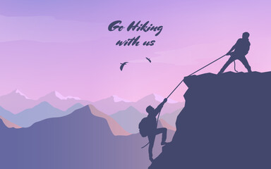 Fototapeta premium Adventure in the mountains. Assist a friend when climbing to the top. Hand of support. Friendship. Silhouette traveling people. Climbing on mountain. Vector illustration hiking and climbing team