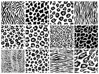 Animal seamless pattern set. Mammals Fur. Collection of print skins. Predators Camouflage. Cheetah Giraffe Zebra Leopard Holstein cattle Snake Jaguar. Printable Background. Vector illustration. © artbalitskiy