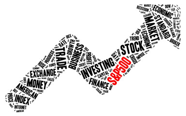S&P500 index stock market arrow grow shaped word cloud concept