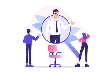 We are hiring concept. Young perfect candidate popping from big magnifier. Job hiring. Online recruitment and headhunting agency concept. Interview. Hiring employees. Web banner. Vector illustration 