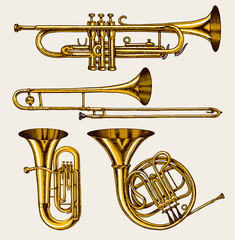 Obraz premium Jazz classical wind instruments set. Musical Trombone Trumpet Flute French horn Saxophone. Hand drawn monochrome engraved vintage sketch.