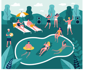 Modern swimming pool party flat vector illustration. Happy people in swimwear dancing, swimming. Summer, vacation and relaxation concept.