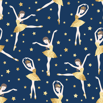 Ballet dance seamless pattern with cute ballerinas in gold glitter tutu dresses and stars on blue background