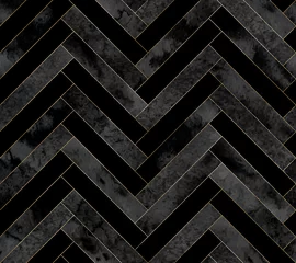 Wall murals Industrial style Seamless abstract zigzag geometric herringbone pattern with watercolor and gold lines on black background