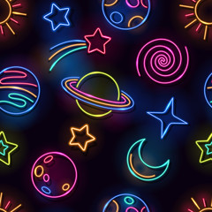 Seamless space neon lamps pattern. Glowing planets, sun, moon, comet and stars on black background - 343587701