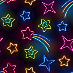 Seamless space neon lamps pattern. Glowing comets, constellations and stars on black background