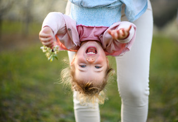 Unrecognizable mother holding small daughter upside down outdoors in spring nature.
