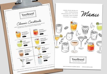 Bar Menu Layout with Watercolor Cocktail Illustrations