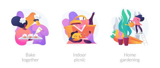 Fototapeta na wymiar Family fun during quarantine abstract concept vector illustration set. Bake together, indoor picnic, home gardening, baking with children, eco gardening, indoor activities ideas abstract metaphor.