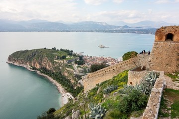 Obraz na płótnie Canvas Landscape of Acronauplia and Bourtzi Castle in the sea from Fortress of Palamidi, Naflplio, Greece