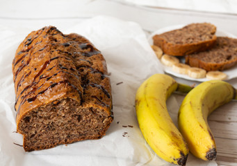 banana cake decorated with chocolate syrup 