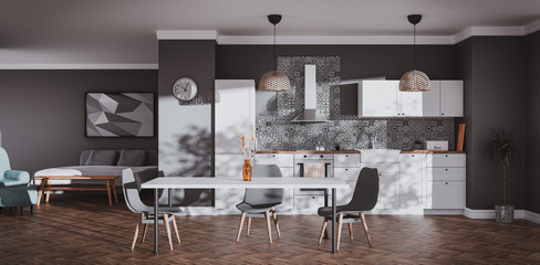 Scandinavian style kitchen with patterned tiles