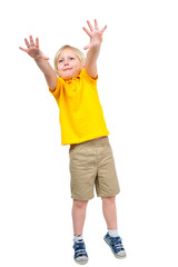 Boy stretched his arms up desperately making reaching