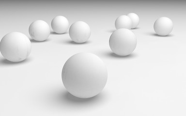 White abstract background. Set of white balls isolated on white backdrop. 3D illustration