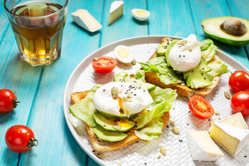 Healthy sandwich - poached eggs and avocado on toast with tomatoes on blue wooden background.