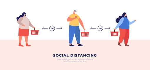 People in protective masks keep their distance in a queue. Social distance of 1 meter and prevention of infection during the epidemic. Distance control for safety against viral infections.