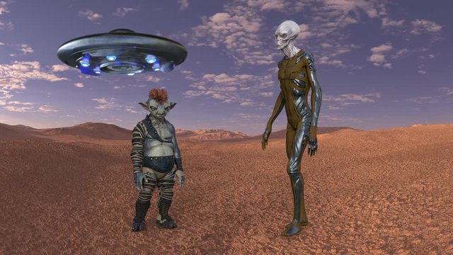 Two aliens talking against the background of ufo,animation