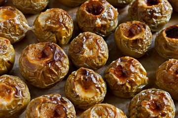 Top view of roasted apples in a tray topped with caramelized sugar, Sofia, Bulgaria  