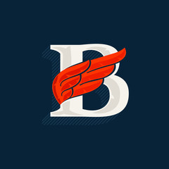 Letter B logo with red wing. Classic serif font with shadow made of lines.