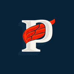 Letter P logo with red wing. Classic serif font with shadow made of lines.