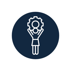 pictogram woman holding a gear wheel icon, line block style