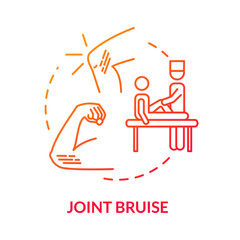 Joint bruise, sport traumatism concept icon. Body part contusion, fitness trauma, patient examination and rehab idea thin line illustration. Vector isolated outline RGB color drawing.