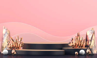 Abstract Luxury stage platform with colorful amber crystal, for advertising product display, 3d rendering.
