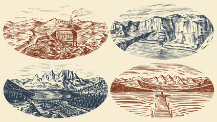Mountain landscape backgrounds set. Alpine peaks and Traveler with a tent. Vintage Mount. Travel concept. Hand drawn engraved sketch for outdoor posters, climbing banners, logo or badge. 