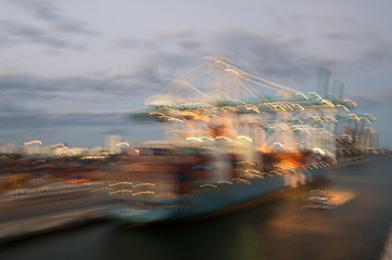 Marine navigation lighting. Defocused image of ship. Cargo ship in port. Colorful bokeh with ship...