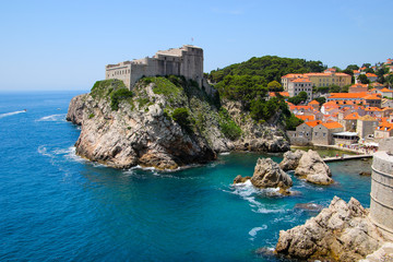 Lovrijenac fortress built on a rocky hilltop above the waters of the Adriatic Sea in Duvrovnik,...