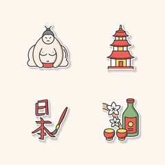 Japan printable patches. Sumo fighter. Shintoism temple. Asian calligraphy. Sake, alcohol drink. Traditional japanese attributes RGB color stickers, pins and badges set. Vector isolated illustrations.