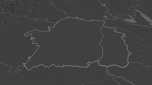 Brăila, county with its capital, zoomed and extruded on the bilevel map of Romania in the conformal Stereographic projection. Animation 3D