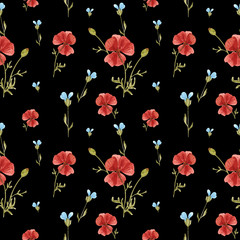 Watercolor seamless pattern wildflowers the black background, red poppy, blue forget-me-not. Ideal for printing onto fabric, web page backgrounds, your design and social networks. handiwork