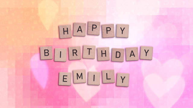 Happy Birthday Emily card with wooden tiles text. Girls birthday card in rainbow colors. This image can be used for a eCard or a print postcard.