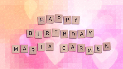 Happy Birthday Maria Carmen card with wooden tiles text. Girls birthday card in rainbow colors. This image can be used for a eCard or a print postcard.