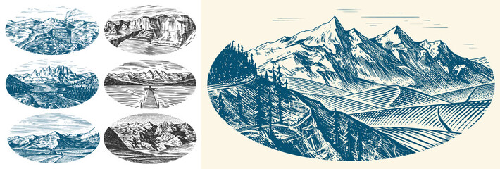Mountain landscape backgrounds set. Alpine peaks and Traveler with a tent. Vintage Mount. Travel concept. Hand drawn engraved sketch for outdoor posters, climbing banners, logo or badge. 